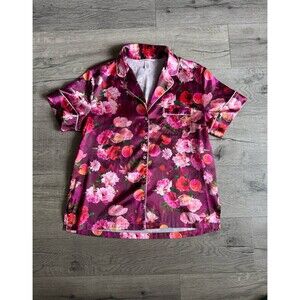 Victoria’s Secret Floral Satin Pajama Top Button Up Shirt Sz S Pink